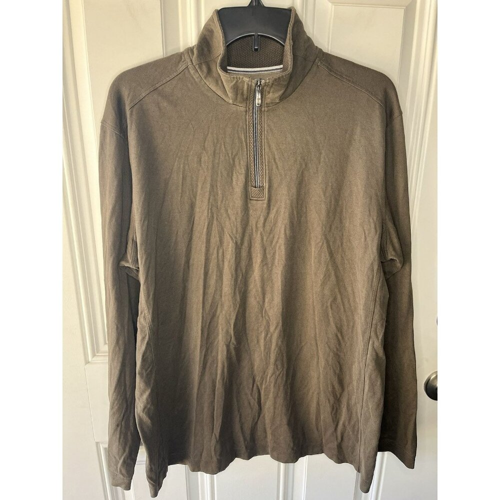 Tommy Bahama Half Zip Men's Medium Long Sleeve Brown Pima Cotton Soft Mock Neck